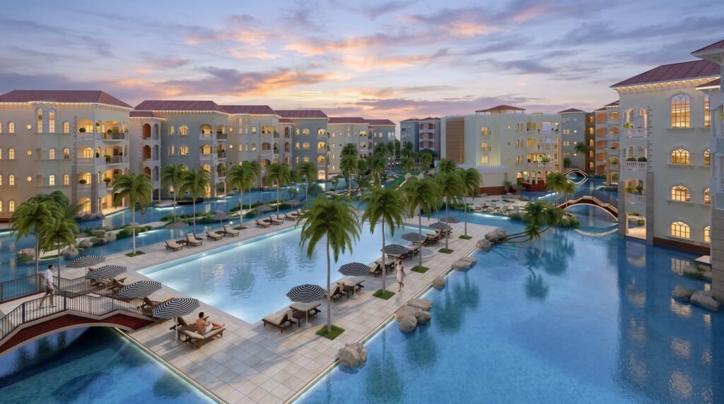 Mediterranean resort landscape rendering with luxury swimming pools, tropical gardens, beachfront apartments, decorative bridges, and premium outdoor amenities.