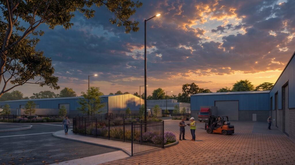 Photorealistic industrial warehouse exterior rendering with loading docks, logistics trucks, forklifts, landscaped streetscape, and dramatic sunset lighting.