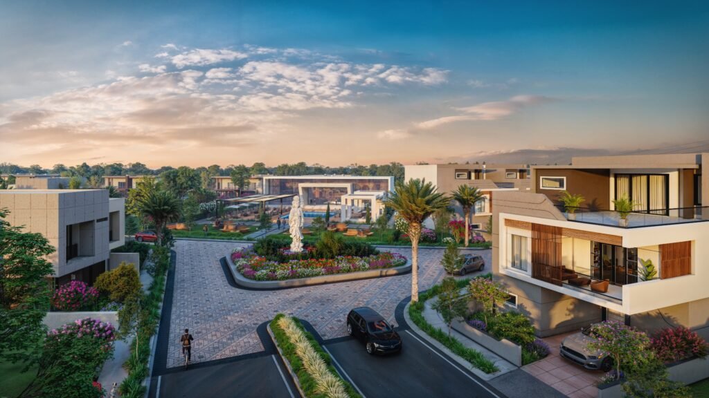 Contemporary villa community entrance with landscaped streets, luxury homes, central plaza, and premium residential architecture.