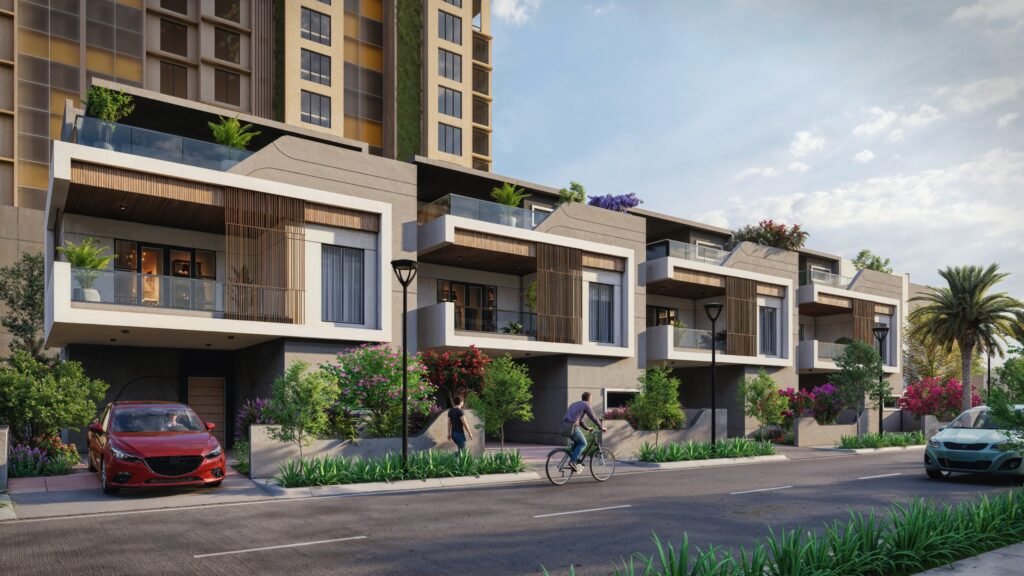 Modern luxury townhouses with landscaped front gardens, balconies, pedestrian pathways, and contemporary architectural design.