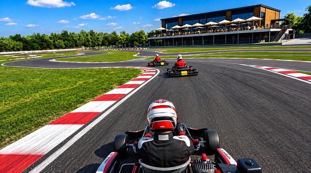 Go-kart driver racing around a circuit with two karts ahead and a modern trackside clubhouse