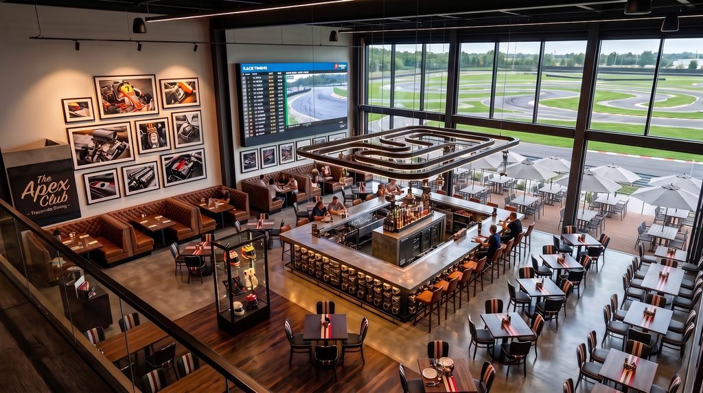 3D interior rendering of a racing club lounge, bar, and dining area overlooking the track