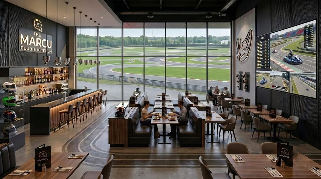 3D interior rendering of a racing club restaurant with a bar, dining area, and views of the go-kart track