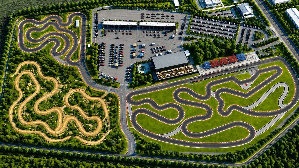 Aerial 3D masterplan visualization of a go-kart racing complex with multiple tracks and facilities