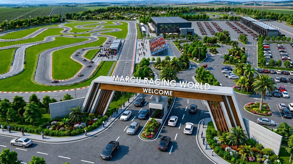 3D architectural rendering of the Marcu Racing World entrance gate in Romania