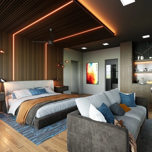 home bungalow villa apartment house hotel resort architectural rendering studio animation wall design visualization bedroom siting area scaled