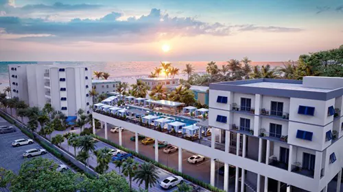3d exterior rendering services bird Arial beach resort hotel view, High-rise Building