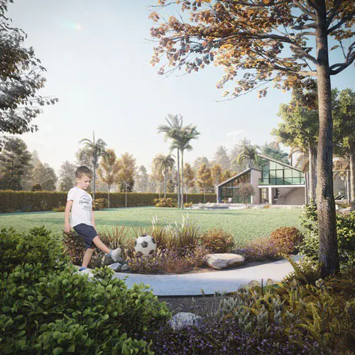 3d exterior rendering services home house back yard wood landscape design idea studio Visualization