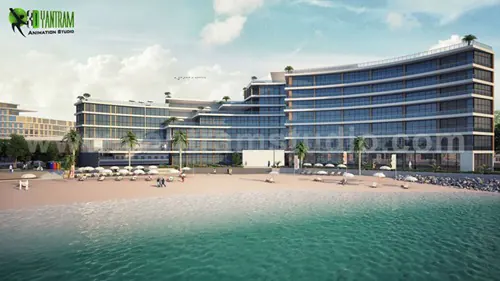 Modern 3D Exterior Beach Side Hotel View Design of architectural rendering service, Dubai – UAE by yantram studio.
