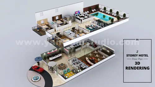 3d floor plan Commercial Office Hotel resort firm company companies agency studio services designer building rendering pool layout design idea