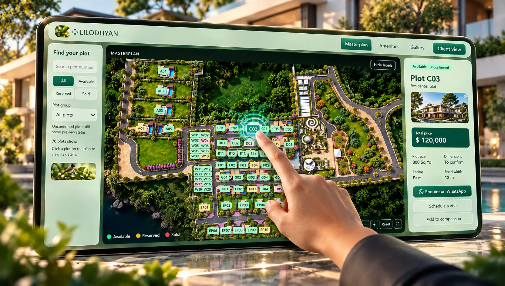 Interactive real estate property sales explorer with masterplan, live plot availability, pricing, property details and enquiry tools