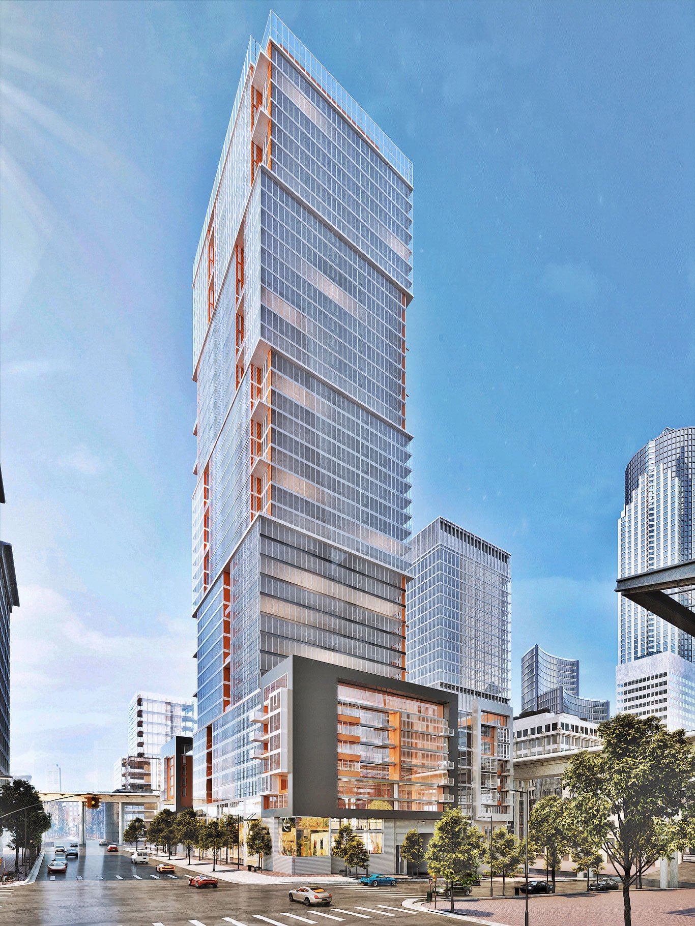 Modern high-rise residential tower with grand entrance canopy, landscaped street, pedestrians, and reflective wet roadway.