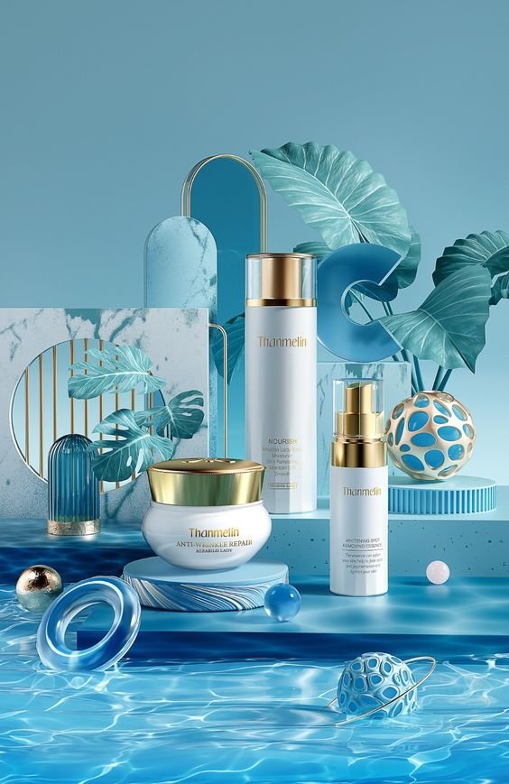 Luxury Skincare Cosmetic Product 3D Rendering with Water Theme Premium skincare cosmetic bottles and cream jar in blue water environment 3D render