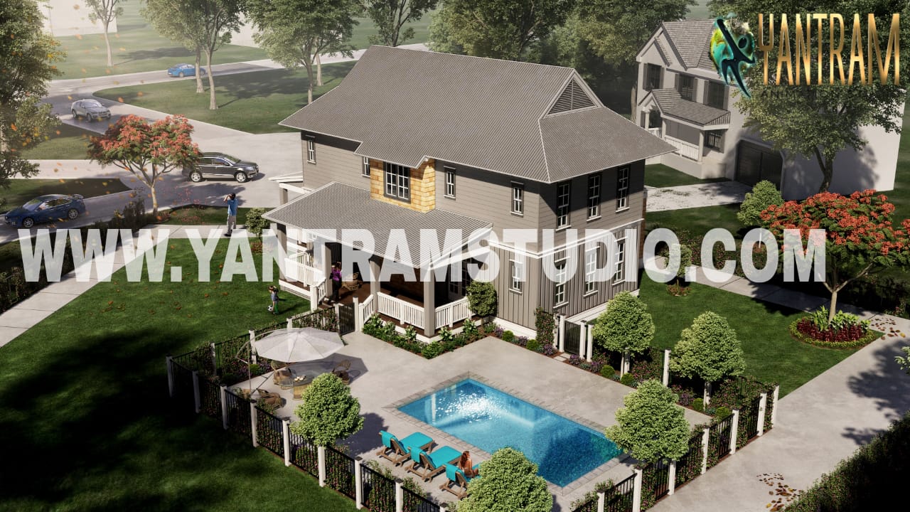 Exterior 3d Rendering Services of bungalow with pool area by Yantram Architectural Studio, Boston, Massachusetts