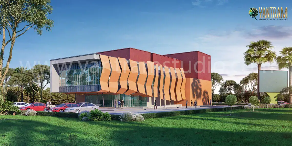 Modern commercial building exterior rendering with geometric façade design, glass curtain walls, landscaped surroundings, and parked cars.