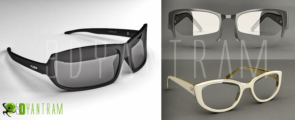 Photorealistic 3D render of modern luxury sunglasses and designer eyeglasses with studio lighting