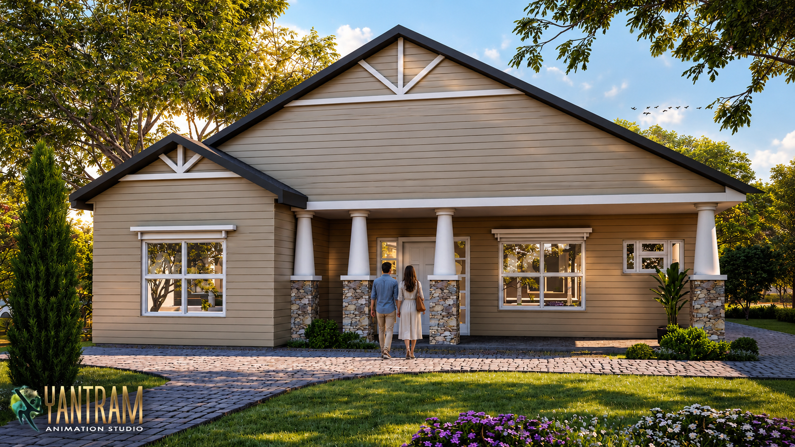Photorealistic 3D rendering of a modern single-story bungalow house with front porch columns, landscaped lawn, and contemporary suburban design by Yantram Studio. – 3D architectural visualization by Yantram Studio