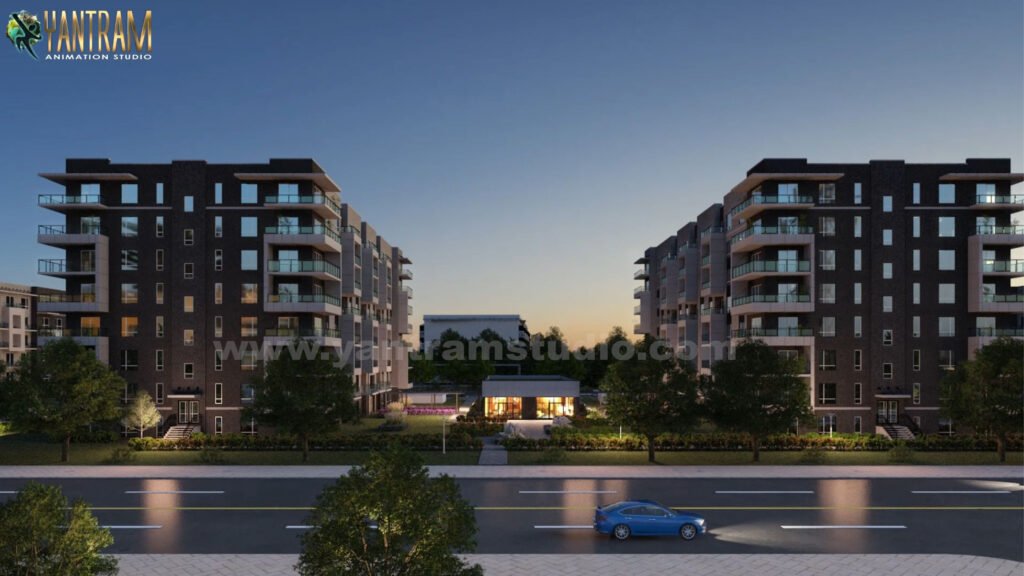 Modern Apartment Complex Exterior 3D Rendering at Night Modern residential apartment complex exterior 3D rendering at night with illuminated balconies, landscaped frontage, and street view.