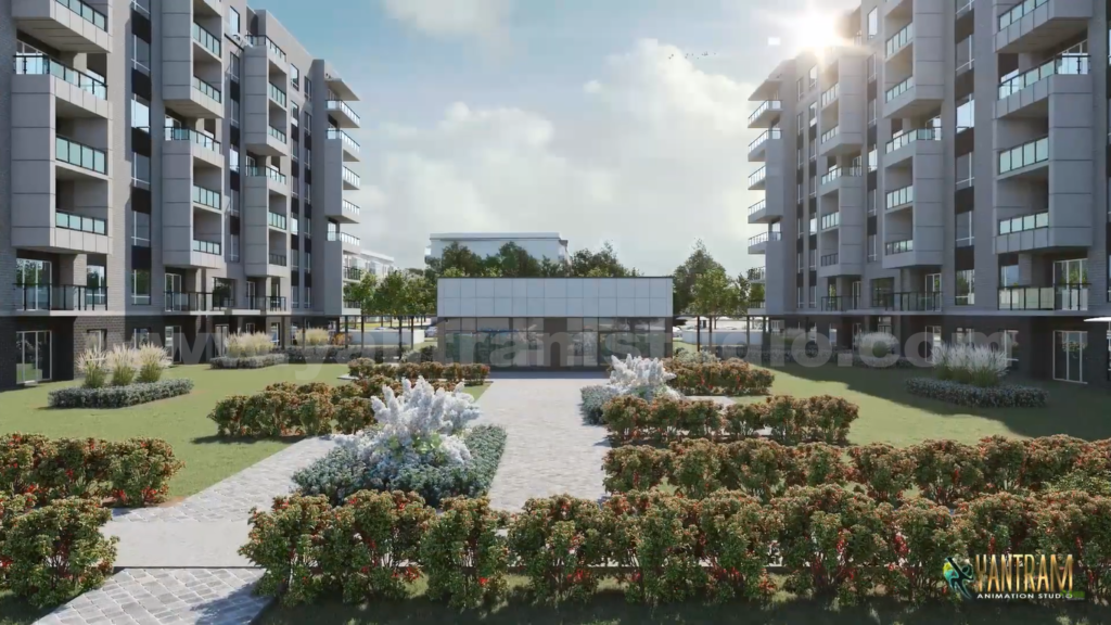 Residential Apartment Landscape 3D Rendering Residential apartment complex exterior rendering with landscaped gardens, walkways, and modern buildings.