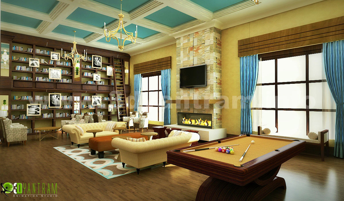 3D Interior Modeling of Gorgeous & Ultra Modern  Living Room & Library by Yantram Architectural Rendering Studio, San, Diego