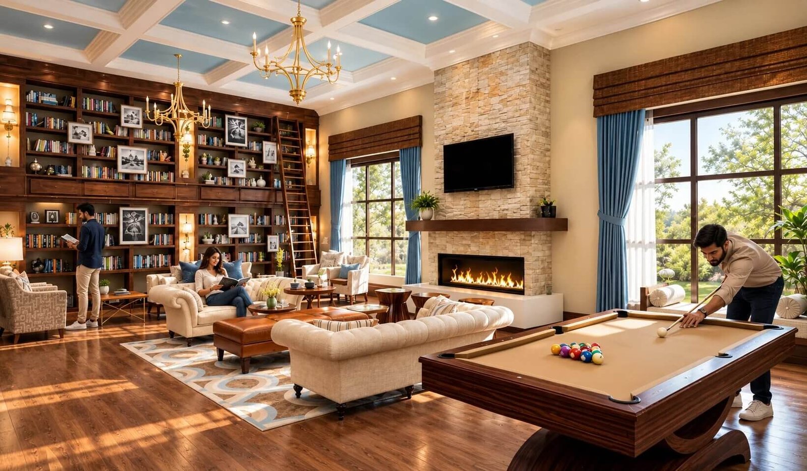 Game room with a fireplace and elegant furnishings — Luxury Hospitality Interior Visualization