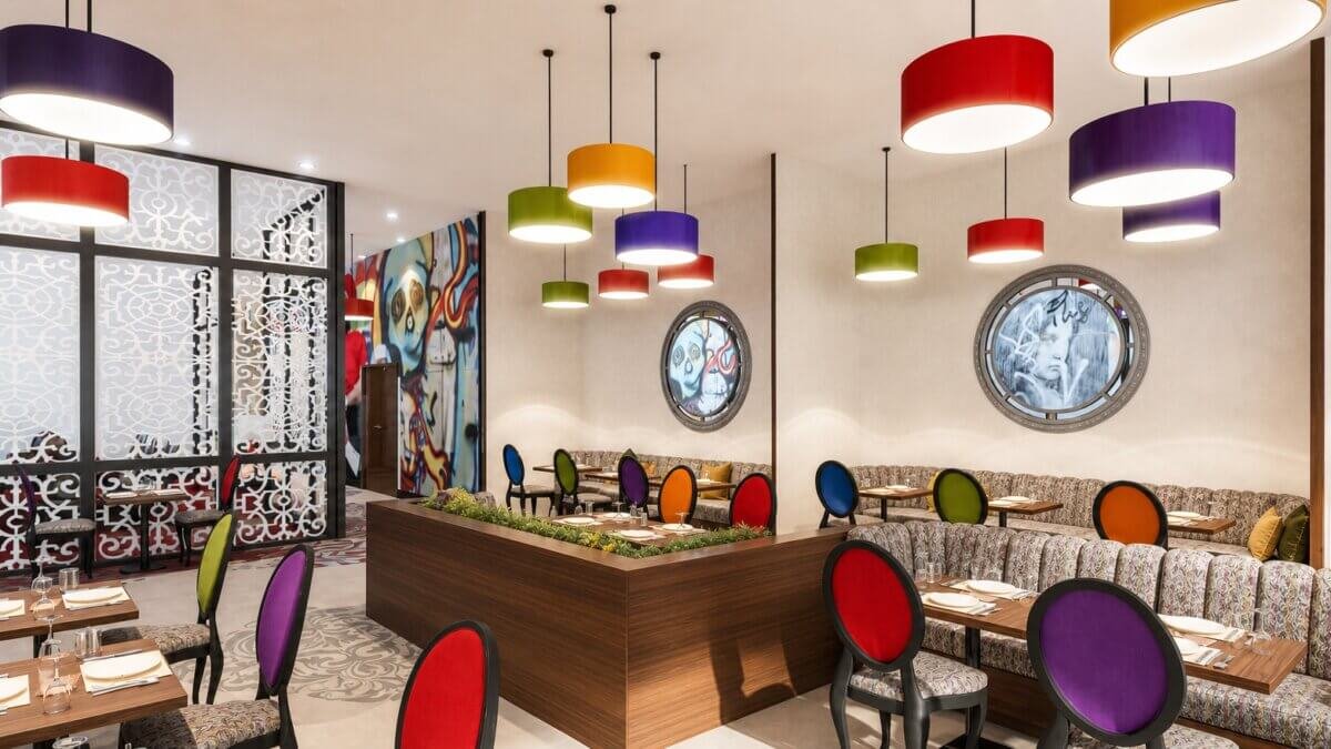 Colorful bar interior design with unique lighting