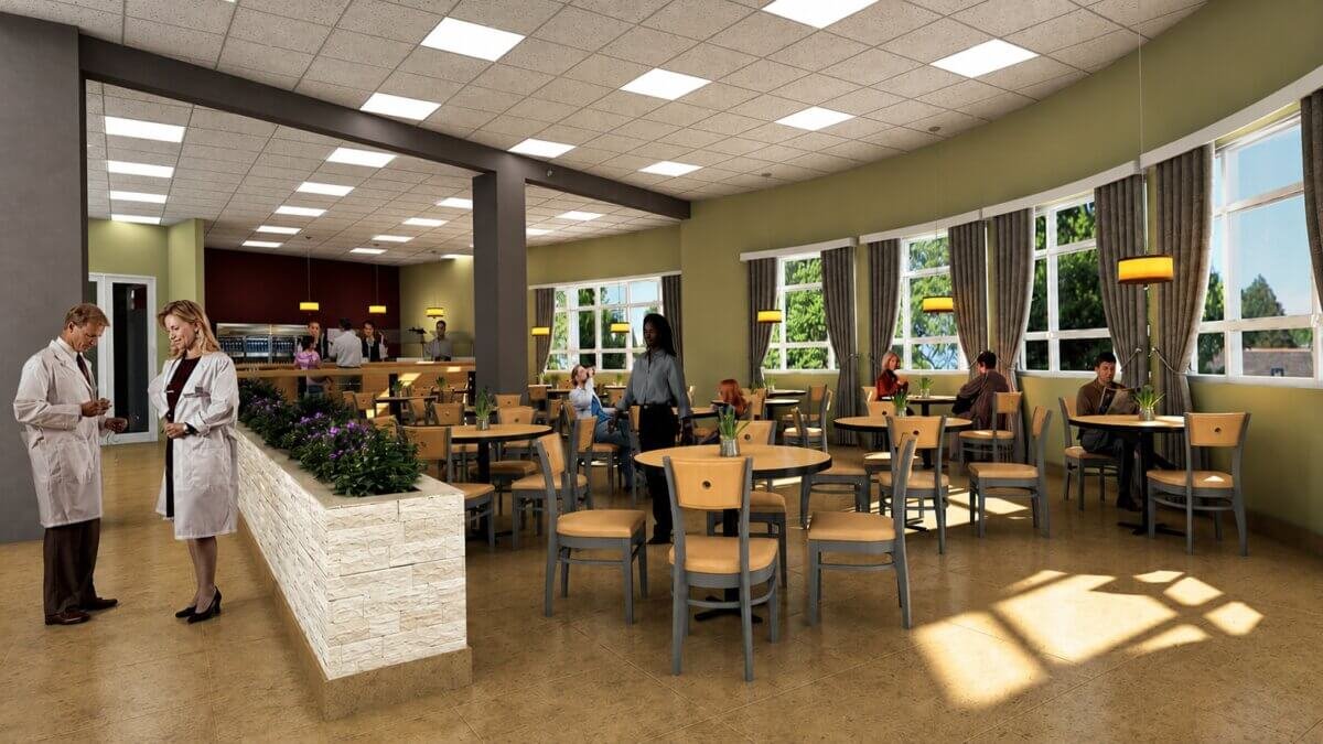 Modern hospital lobby with seating and staff interaction