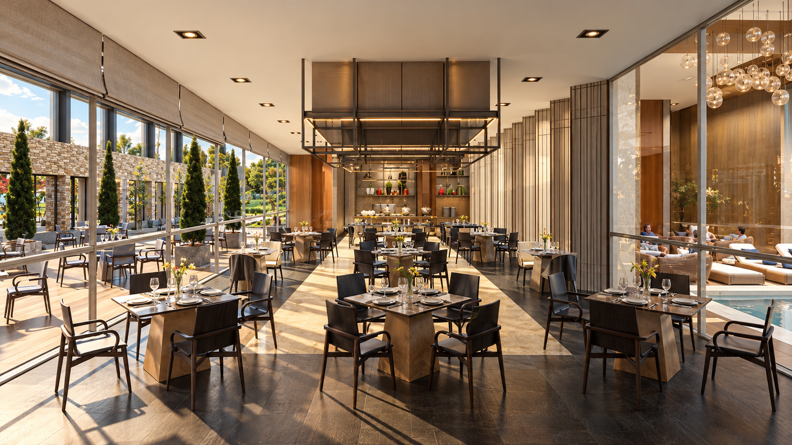 3D rendering of a restaurant interior with large windows — Restaurant Interior Design