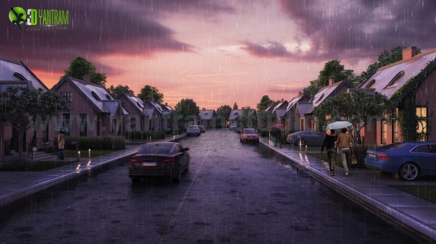 Modern Residential Neighborhood Street – Sunset 3D Architectural Visualization 3D architectural rendering of a modern residential street at sunset with contemporary houses, parked cars, and pedestrians.