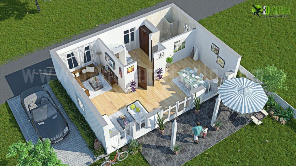 architectural, rendering, studio, visualization, services, design, Idea, floor plan, residential, home, apartment, villa, bungalow, ground floor, 1500 sq ft, living area, modeling, 1 bedroom, agency, parking