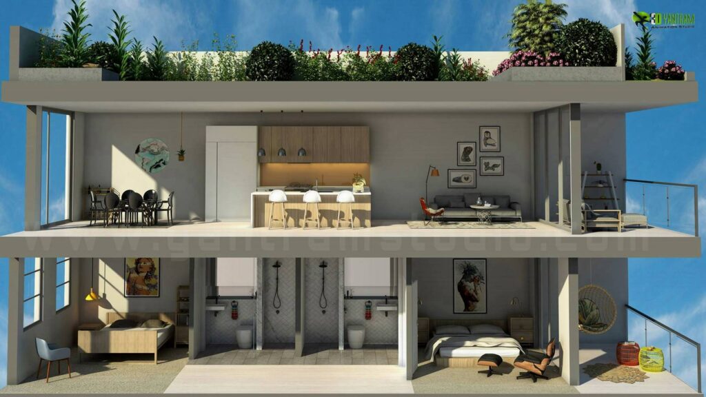 architectural, rendering, studio, visualization, services, design, Idea, floor plan, residential, home, apartment, villa, bungalow, ground floor, 2000 sq ft, modeling, 2 bedroom, second floor, agency, kitchen, firm, company, companies, view, Idea