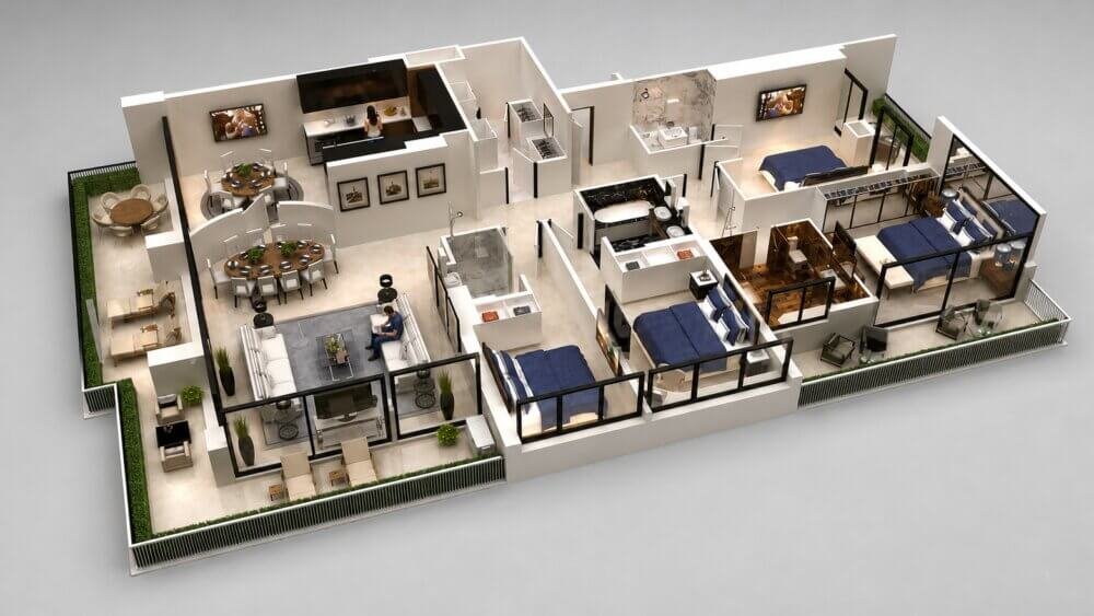 3D floor plan rendering of a modern apartment showing living room, dining area, bedrooms, kitchen, and balcony layout.