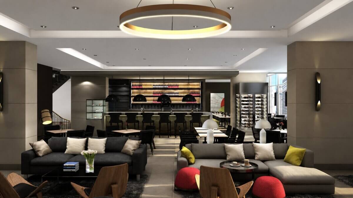 Luxurious hotel bar interior with modern furnishings
