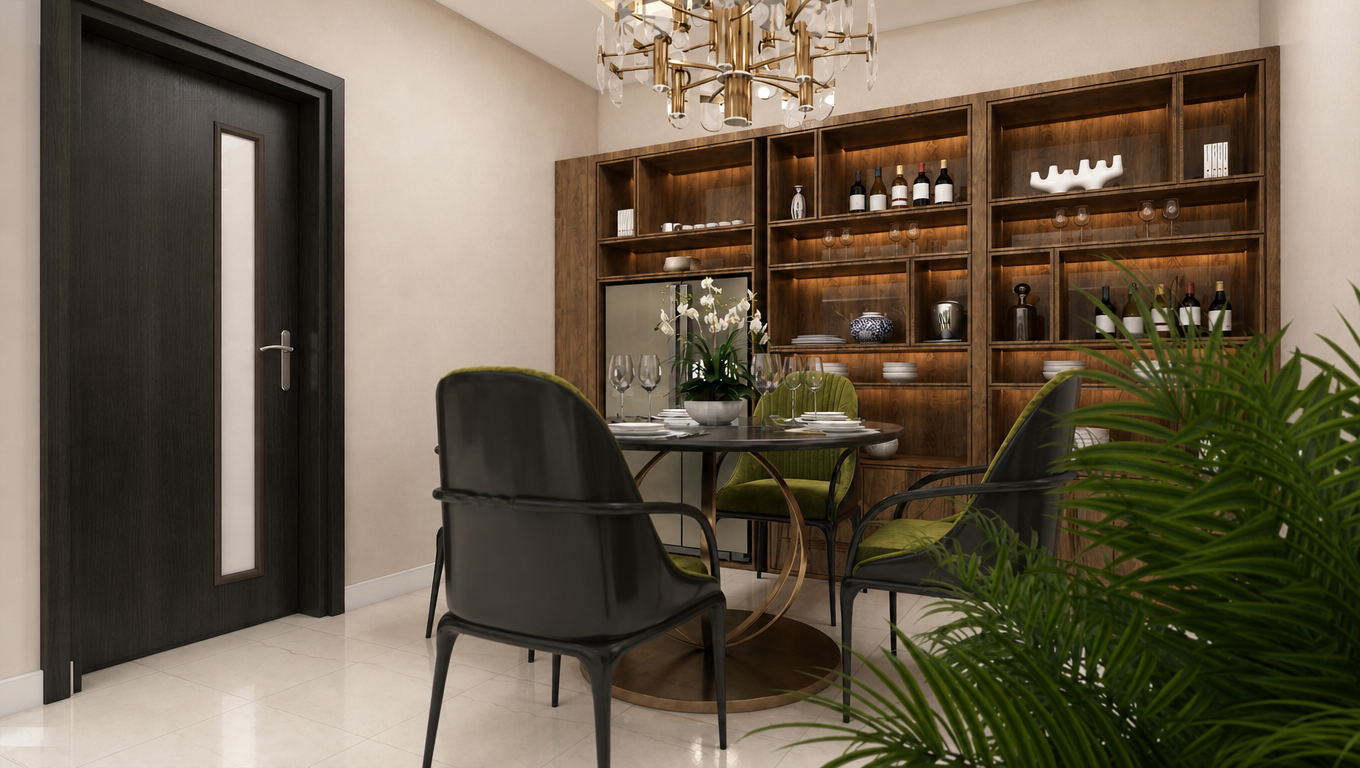Dining area with wooden cabinetry, dark accent wall, and dining table chairs