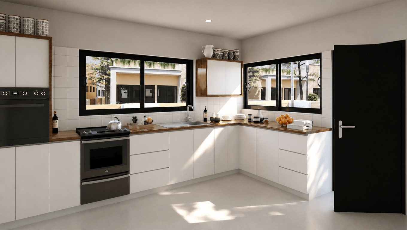 Modern kitchen with white cabinetry, stainless steel appliances, and bright natural light