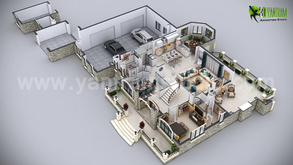 architectural, rendering, studio, visualization, services, design, Idea, floor plan, residential, home, apartment, villa, bungalow, ground floor, 2000 sq ft, living area, modeling, 1 bedroom, agency, kitchen, parking, mansion, firm, company, companies, view