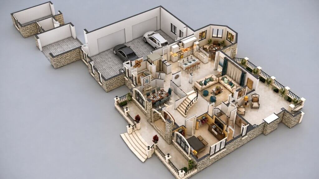 architectural, rendering, studio, visualization, services, design, Idea, floor plan, residential, home, apartment, villa, bungalow, ground floor, 2000 sq ft, living area, modeling, 1 bedroom, agency, kitchen, parking, mansion, firm, company, companies, view