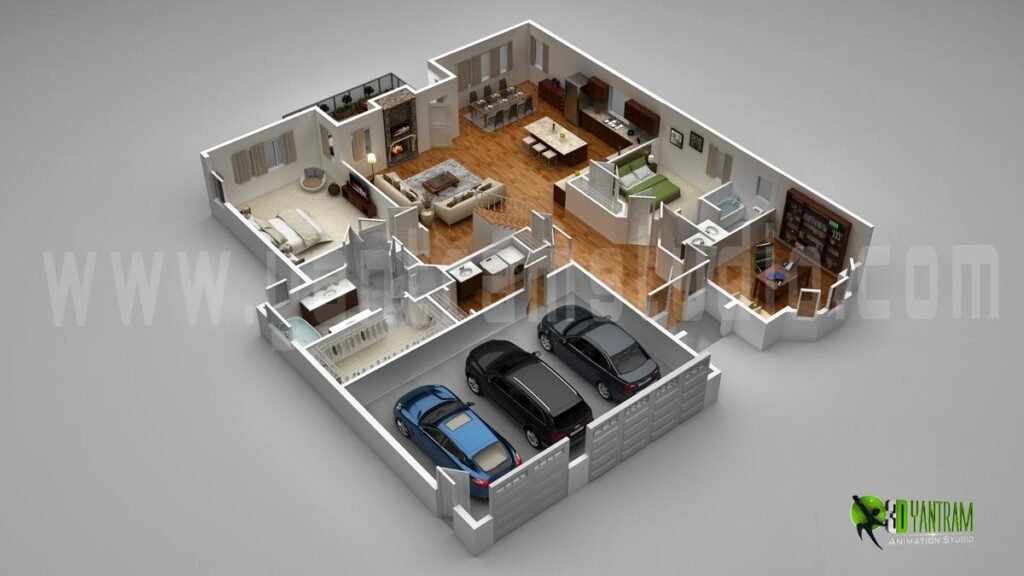 architectural, rendering, studio, visualization, services, design, Idea, floor plan, residential, home, apartment, villa, bungalow, ground floor, 2000 sq ft, living area, modeling, 3 bedroom, agency, kitchen, parking, firm, company, companies, view