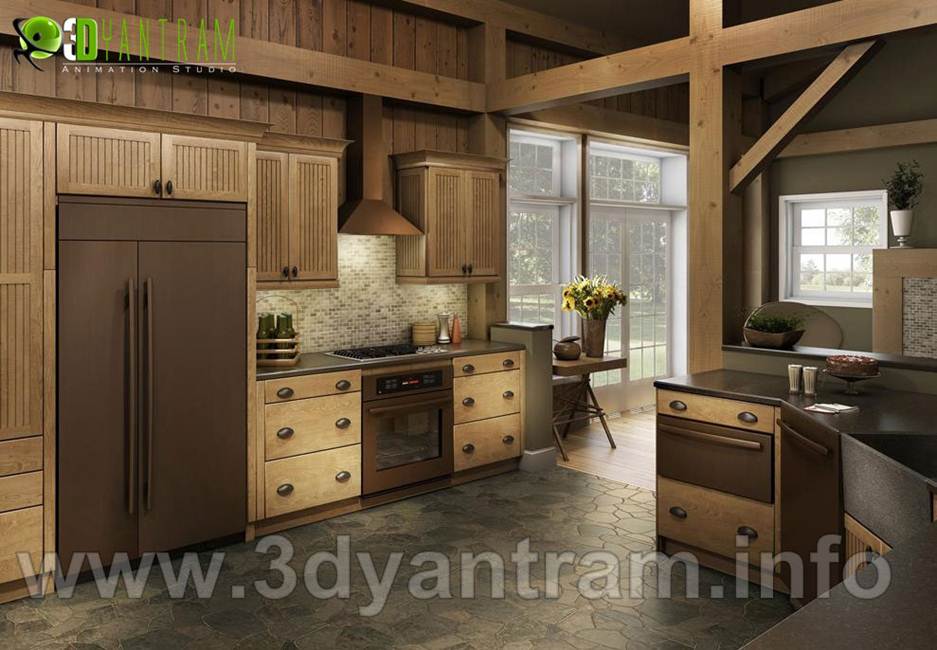 3D Interior Rendering of the best Modern 3D Wooden Kitchen by Yantram Architectural Rendering Studio, San Jose, United States