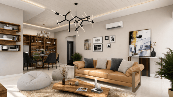 Contemporary living room with sofa, wooden furniture, and branch chandelier in Meridian Idaho