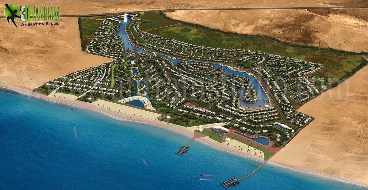 3d Architectural Rendering of Commercial Township Arial View by Yantram Architectural Rendering company, UAE