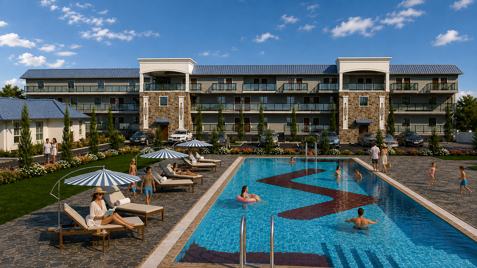 Modern motel courtyard with swimming pool, loungers and multi-story accommodation buildings in warm daylight