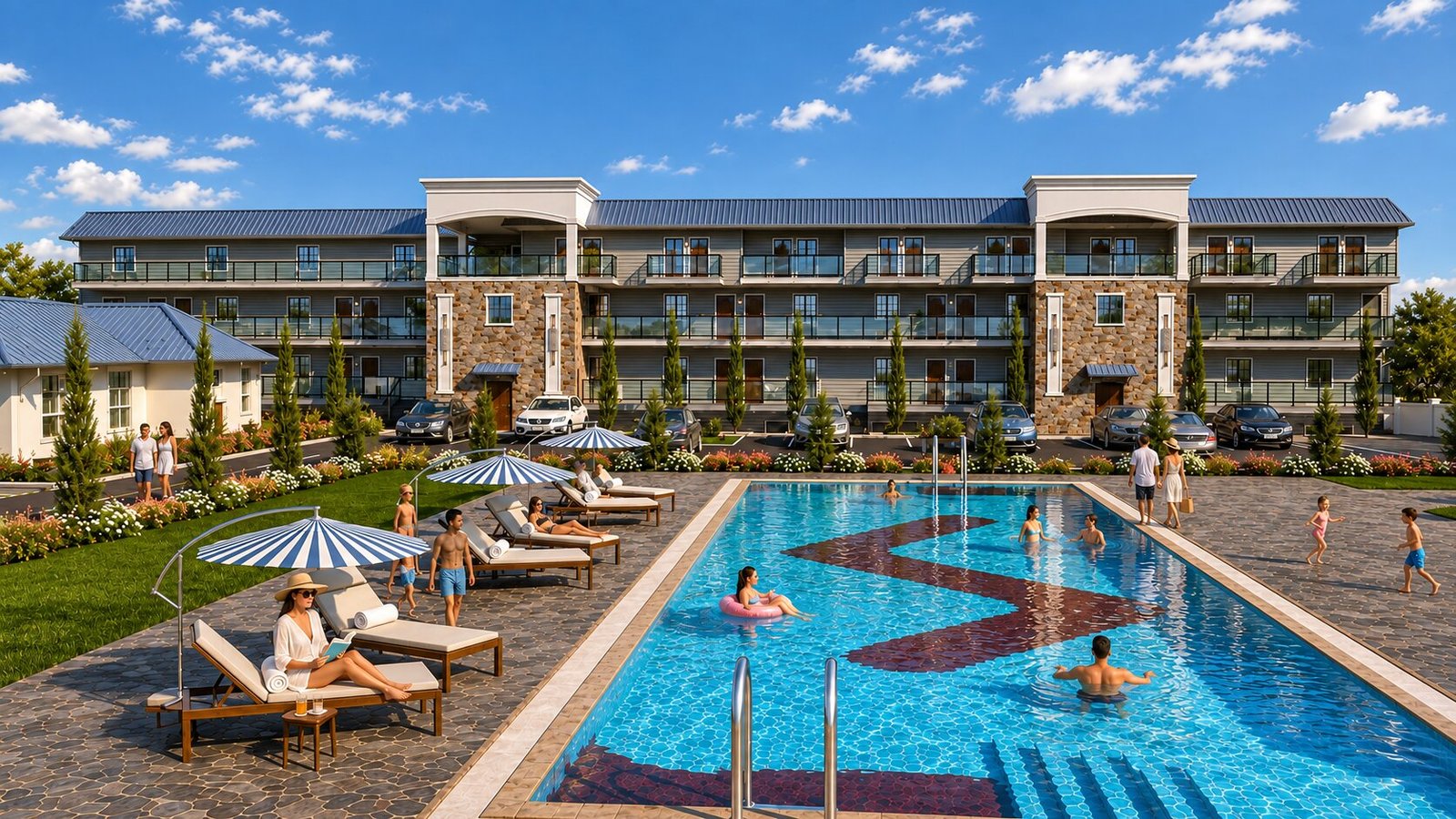 Modern motel courtyard with swimming pool, loungers and multi-story accommodation buildings in warm daylight