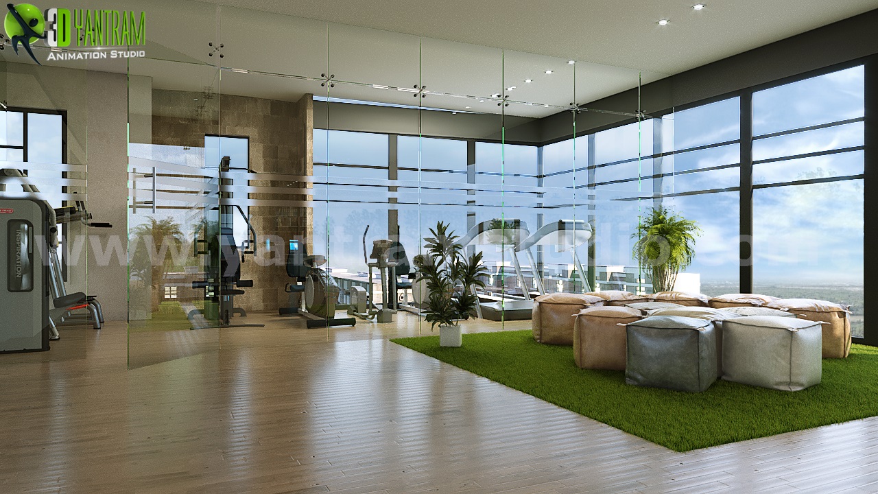 Modern Hotel gym Photo realistic 3d interior rendering studio idea
