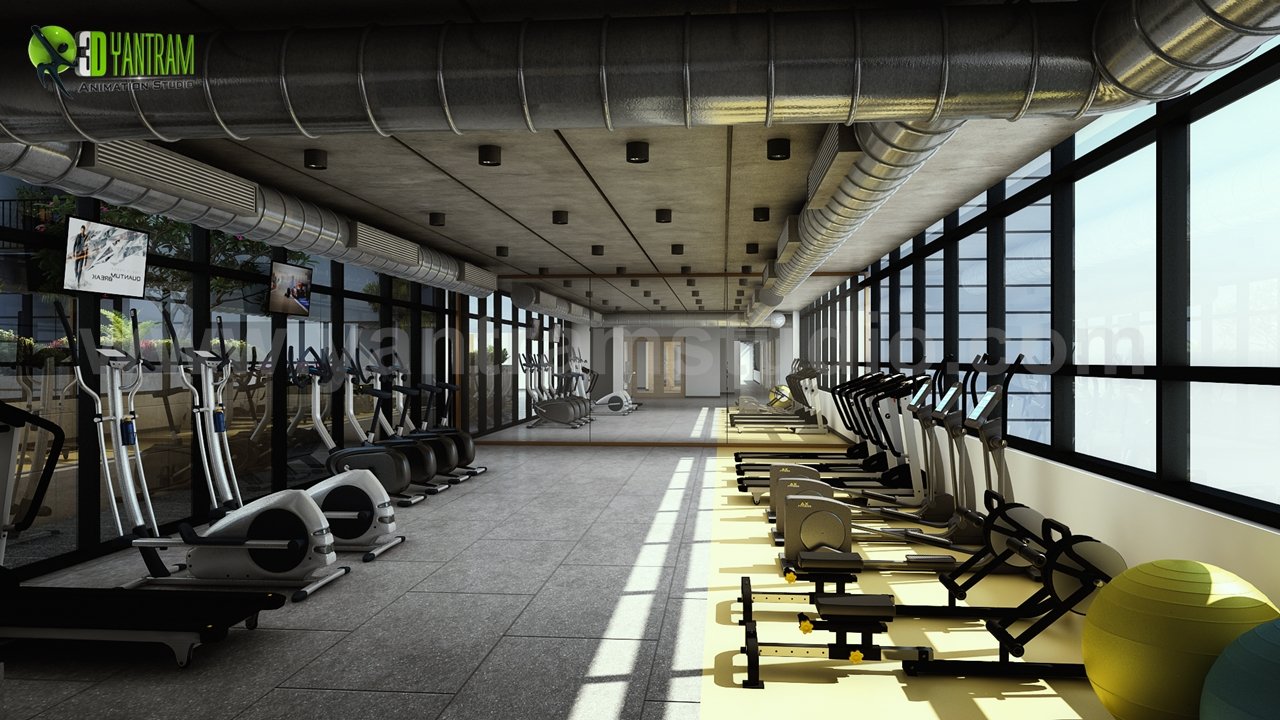 Luxury gym interior 3D rendering with strength training machines, weight benches, and large glass windows. – 3D rendering by Yantram Studio