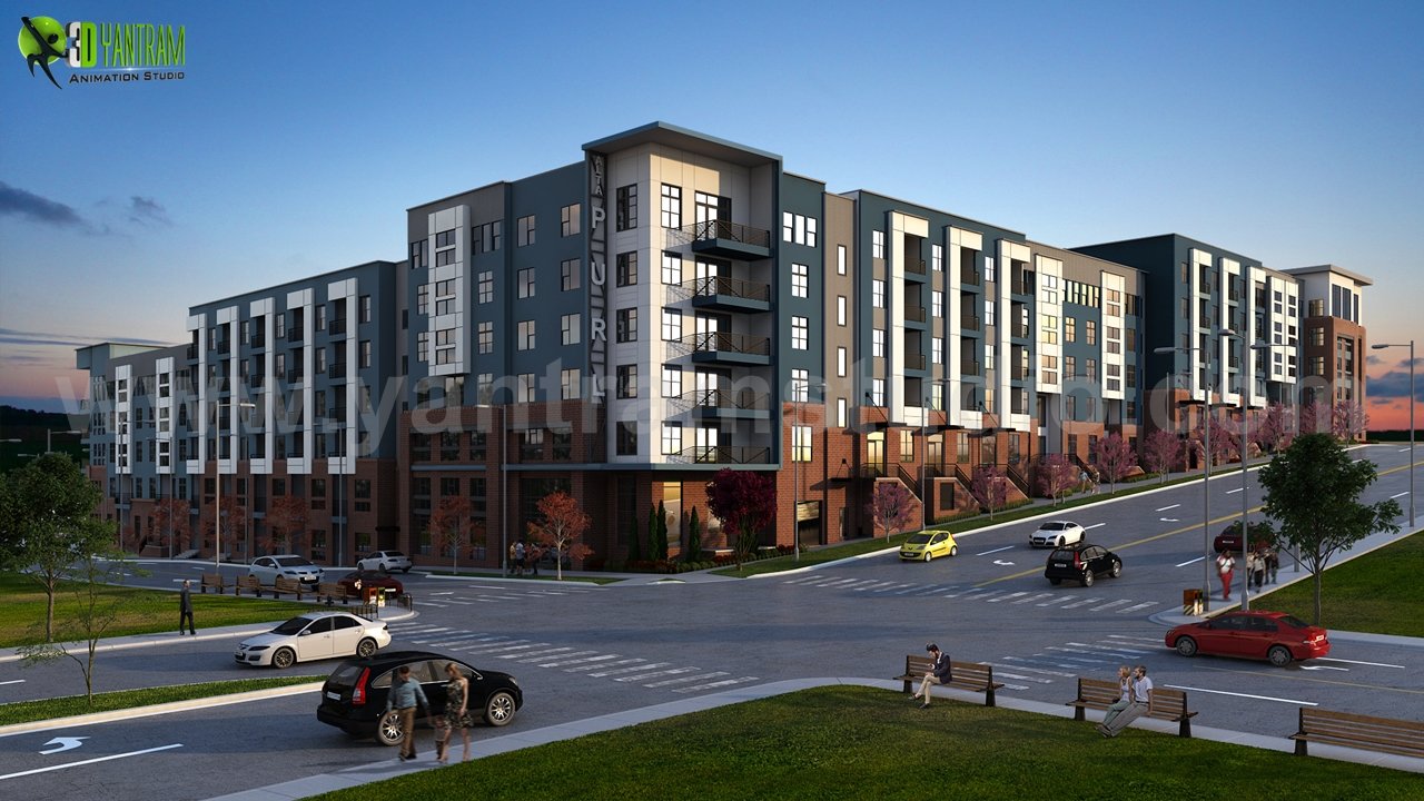 Modern multi-story residential apartment complex with grid façade, balconies, landscaped courtyard, and street-level activity at sunset. – 3D visualization by Yantram Studio,