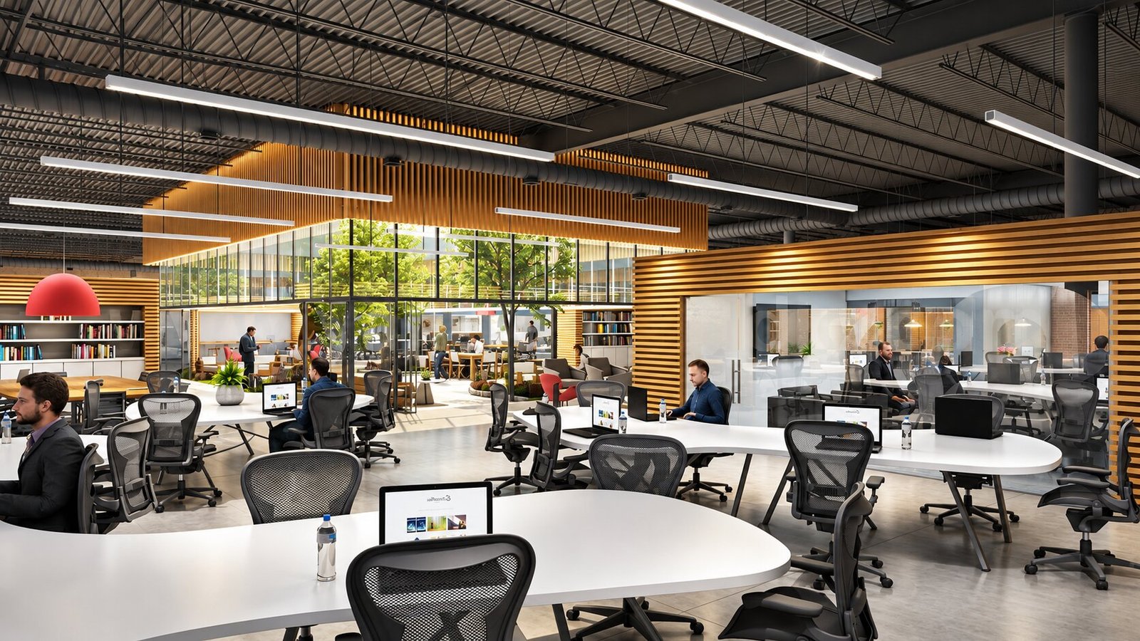 Open office space with collaborative areas — Commercial Development Visualization