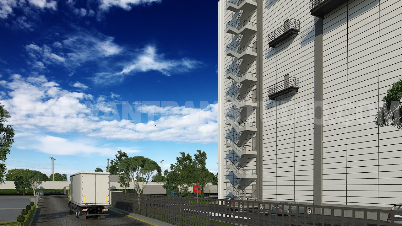 Close-up architectural visualization of a modern warehouse façade with vertical cladding, external metal staircases, service road, delivery truck, and landscaped trees under a blue sky.
