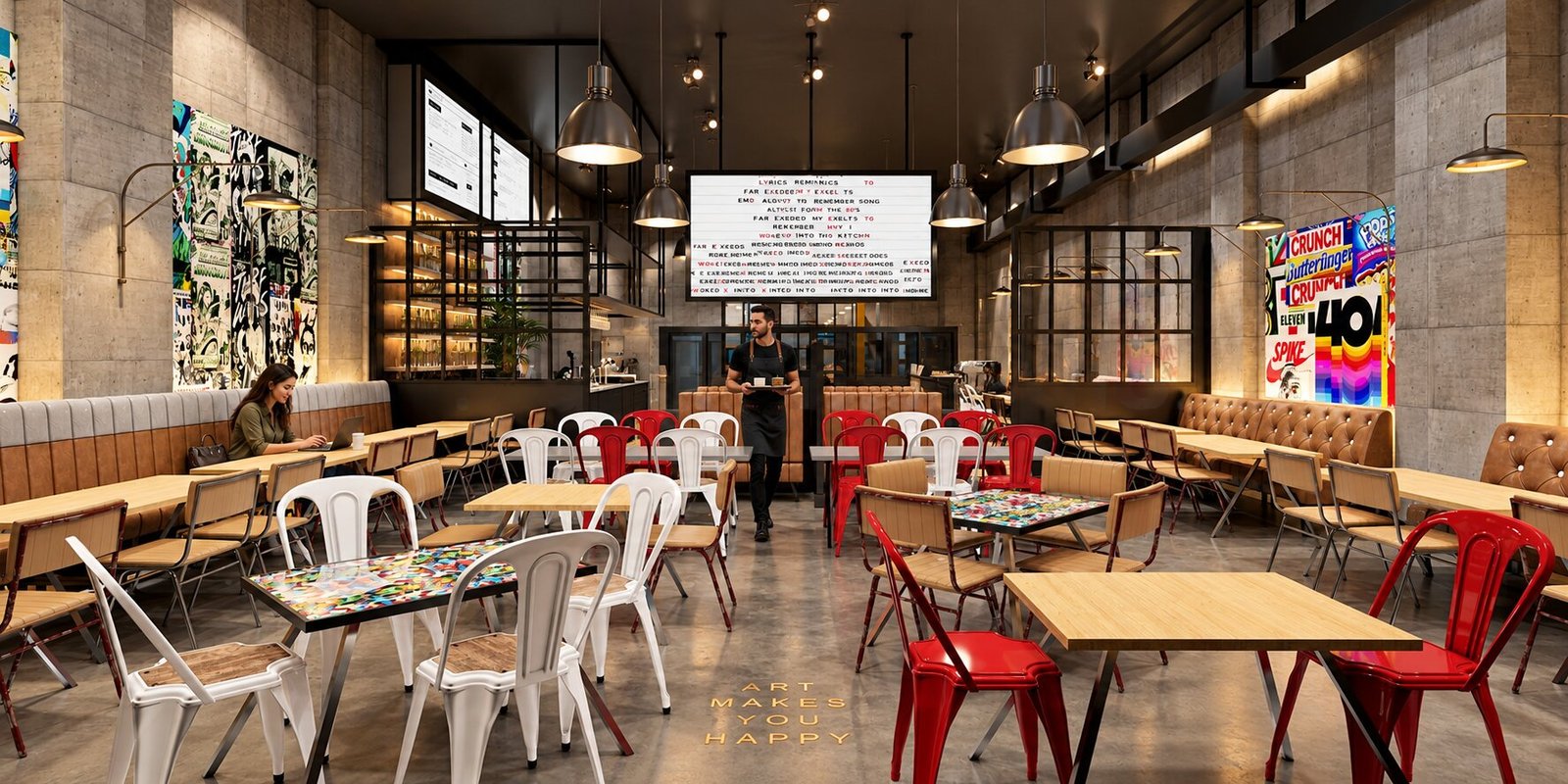 3D interior modeling of a cafe design with seating area