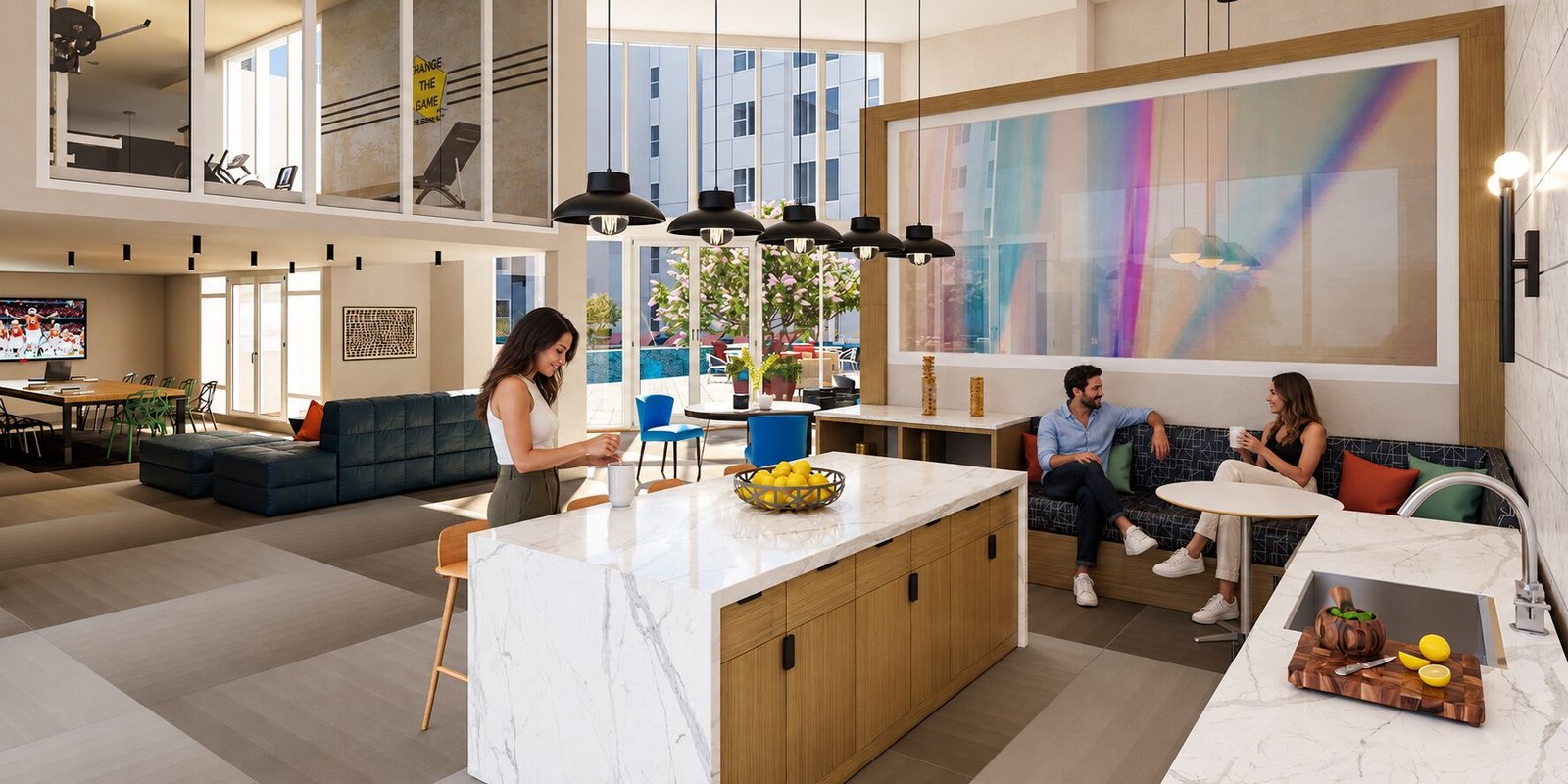 Modern classic clubhouse kitchen and living area — Clubhouse Design Visualization